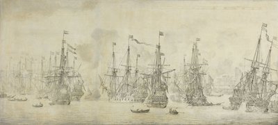 Nieudany atak Anglików na flotę powrotną w porcie Bergen, Norwegia, 12 sierpnia 1665: epizod z II wojny angielsko-holenderskiej autorstwa Willem van de Velde (I)