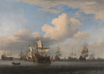 Zdobyte okręty angielskie po bitwie czterodniowej Zdobyte statki „Swiftsure”, „Seven Oaks”, „Loyal George” i „Convertine” zostają sprowadzone do Gat Goereese po bitwie czterodniowej, 11-14 czerwca 1666: epizod z drugiej wojny angielsko-holenderskiej autorstwa Willem van de Velde (II)