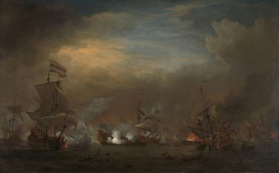 Spotkanie podczas bitwy pod Kijkduin Bitwa morska między Cornelis Tromp na Gouden Leeuw i Sir Edward Spragg na Royal Prince podczas bitwy pod Kijkduin (bitwa pod Texel), 21 sierpnia 1673: epizod z trzeciej wojny angielsko-holenderskiej autorstwa Willem van de Velde (II)