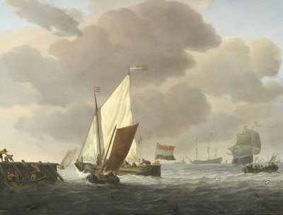 Statki w pobliżu wybrzeża przy wietrznej pogodzie autorstwa Willem van de Velde (II)