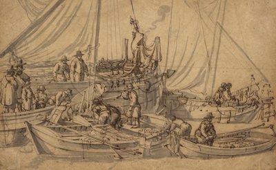 Figurki na pokładzie małych statków handlowych, ok. 1650-5 (długopis, brązowy tusz i rysunek spryskiwaczy) autorstwa Willem van de Velde