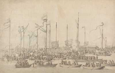 Uroczystość nad Tamizą w pobliżu Whitehall autorstwa Willem van de Velde the Elder