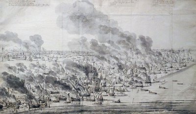 Robert Holmes podpalający flotę holenderską pod Terschelling autorstwa Willem van de Velde the Elder