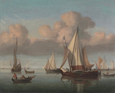 Kaag na kotwicy z podniesionymi żaglami oraz jacht państwowy i inne statki autorstwa Willem van de Velde the Younger