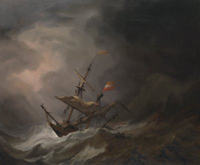 Śródziemnomorska brygantyna dryfująca po skalistym wybrzeżu podczas sztormu, ok. 1700 r. (olej na płótnie) autorstwa Willem van de Velde the Younger