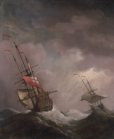 Angielski statek na morzu płynący podczas sztormu autorstwa Willem van de Velde the Younger