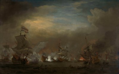 Nocna bitwa morska pomiędzy Cornelisem Trompem na Gouden Leeuw a Sir Edwardem Spragge na Royal Prince autorstwa Willem van de Velde the Younger
