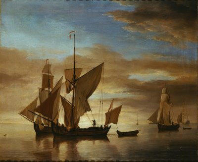 Statki na spokojnym morzu w wieczornym świetle autorstwa Willem van de Velde the Younger