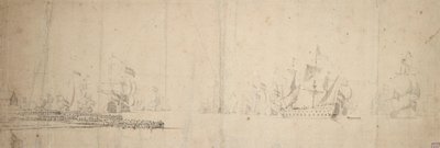 Holenderska flota wypływająca z molo, ok. 1665 (grafit, szare pranie) autorstwa Willem van de the Elder Velde