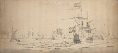 Holenderska flota leżąca na wietrze: rada wojenna, ok. 1665 (grafit, szare pranie) autorstwa Willem van de the Elder Velde