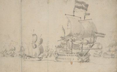 Holenderski okręt flagowy ze statkiem wysyłkowym na ćwiartce, maj 1672, ok. 1672 (ołówek, malowanie) autorstwa Willem van de the Elder Velde