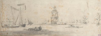 Galileot w lekkim wietrze i kilka barek, ok. 1681 r. (grafit, szare pranie) autorstwa Willem van de the Elder Velde