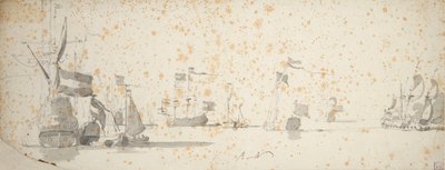 Jacht państwowy i holenderskie statki na kotwicy, ok. 1664 (grafit, szare pranie) autorstwa Willem van de the Elder Velde