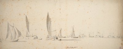 Łódź zanurzona, wijdschips i waterschips na lekkim wietrze, ok. 1664 (grafit, szara farba) autorstwa Willem van de the Elder Velde