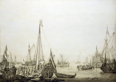 Przedstawiający różne statki w zatłoczonym porcie obraz jest historycznie związany z podróżą Karola II (1630-1685) do Hagi (Holandia) w 1660 roku, podczas przywracania jego władzy nad angielskim tronem autorstwa Willem van de the Elder Velde