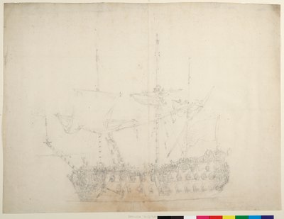 Angielski okręt trzeciej klasy z 60 działami, widziany z lewej burty, ok. 1673 r. (offset) autorstwa Willem van de the Elder Velde