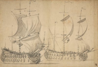 Angielska trzecia i czwarta klasa pod łatwym żaglem, ok. 1677 (ołówek, pył) autorstwa Willem van de the Elder Velde