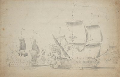 Angielski dwupokładowiec pod żaglami, ok. 1675 (ołówek, pył) autorstwa Willem van de the Elder Velde