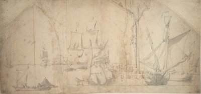 Angielski jacht na kotwicy zwijający żagiel autorstwa Willem van de the Elder Velde