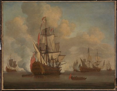Spokój: angielski dwupokładowiec z rozpiętymi żaglami salutuje autorstwa Willem van de the Elder Velde