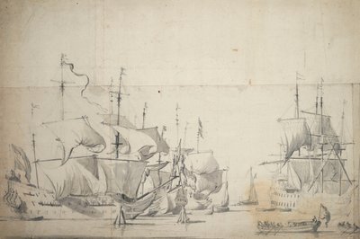 Holenderskie okręty bojowe suszące żagle, ok. 1658 r. (grafit, szare pranie) autorstwa Willem van de the Elder Velde