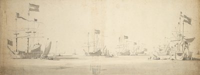 Holenderskie okręty flagowe na kotwicy z łodziami obok, ok. 1664 (grafit, szare płótno) autorstwa Willem van de the Elder Velde