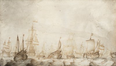 Holenderskie statki do połowu śledzia na Morzu Północnym. Rysunek tuszem i tuszem (27,4x47,6 cm) autorstwa Williama van de Velde Starszego (ok. 1611-1693), ok. 1650 r. autorstwa Willem van de the Elder Velde
