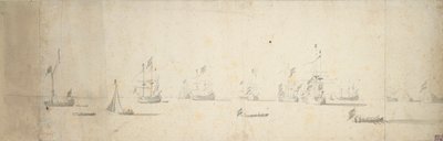 Holenderskie statki na kotwicy u wybrzeży lądu, ok. 1664 (grafit, szary pył) autorstwa Willem van de the Elder Velde