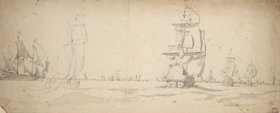 Holenderskie statki płynące w kierunku głównej floty, maj 1672, ok. 1672 (grafit, szary pył) autorstwa Willem van de the Elder Velde