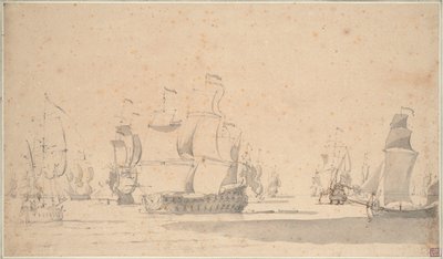Angielskie statki, kecz i galeot przy lekkiej bryzie, czerwiec 1673, ok. 1673 (ołówek, pył, pióro, brązowy tusz) autorstwa Willem van de the Elder Velde