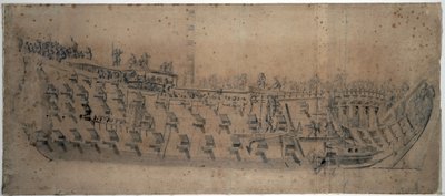 Portret statku "London", zbudowanego w 1670 r., statku pierwszej klasy z 96 działami. Rysunek i tempera wykonane około 1676 roku przez Willema van de Velde l