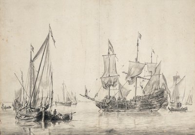 Żaglówki i holenderska fregata susząca żagle. Rysunek i pranie (26x37 cm), William van de Velde l
