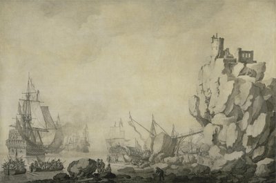 Statki i milicja przy skalistym brzegu, ok. 1680 (pióro i atrament na przygotowanym płótnie) autorstwa Willem van de the Elder Velde