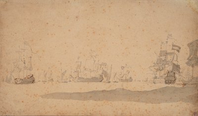 Holenderska flota leżąca, prawdopodobnie w maju 1672 r., ok. 1672 r. (grafit, szare pranie) autorstwa Willem van de the Elder Velde