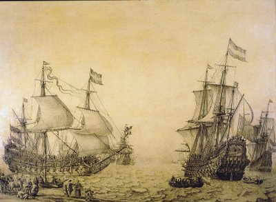 Holenderski statek "Oosterwijk", opuszczający brzeg, opisany z dwóch perspektyw. Grisaille na drewnie autorstwa Willem van de the Elder Velde