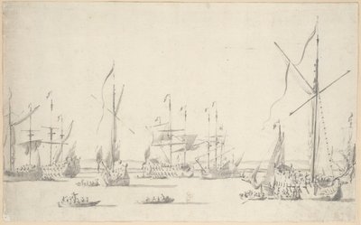 Jachty i statki na kotwicy w pobliżu Sheerness, ok. 1677 (grafit, szare pranie) autorstwa Willem van de the Elder Velde
