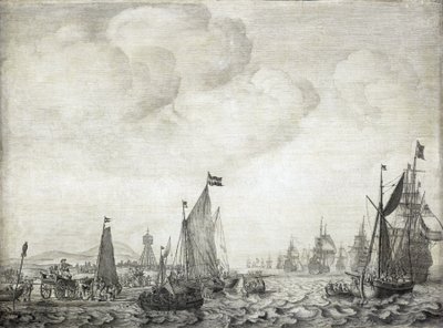 Statki handlowe do Orientu i ich eskorta, opuszczające Vlie (lub Vliestroom), szlak morski między wyspami Vlieland i Treschelling (Holandia), 9 czerwca 1645 r. autorstwa Willem van de the Elder Velde