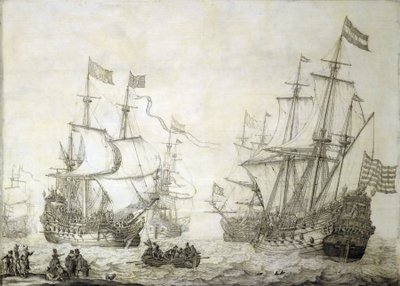 Dwa statki handlowe Holenderskiej Kompanii Wschodnioindyjskiej opuszczające brzeg przy spokojnym wietrze. Grisaille na drewnie autorstwa Willem van de the Elder Velde