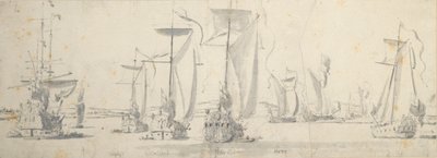 Wizyta Karola II na "Tygrysie" w Woolwich: Jachty na zakręcie rzeki autorstwa Willem van de the Elder Velde