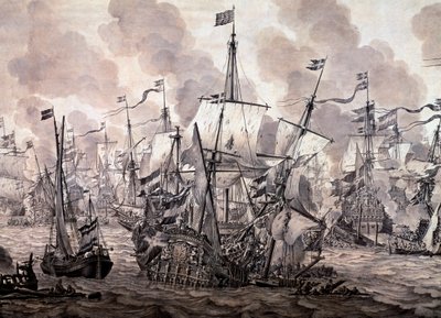 Bitwa o Dźwięk pomiędzy flotą holenderską i szwedzką, 8 listopada 1658. Detal - Malarstwo olejne i tuszowe autorstwa Willem van de the Elder Velde