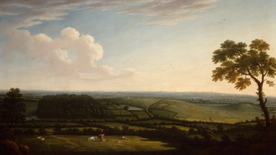 Rozległy zalesiony krajobraz z odległym widokiem na miasto (ropa naftowa) autorstwa Joseph Mallord William Turner
