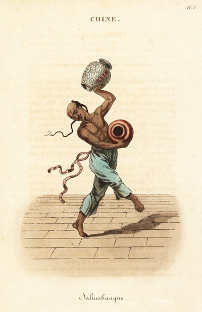 Chiński żongler tańczący i żonglujący dwoma dużymi wazami. autorstwa William (after) Alexander