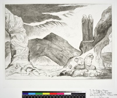 Krąg fałszerzy: Dante i Wergiliusz zakrywający nosy z powodu smrodu, Piekło, Pieśń XXIX, ilustracja do „Boskiej Komedii” Dantego Alighieri autorstwa William (after) Blake