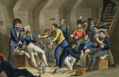 The Cockpit, Battle of the Nile, przedstawiający Nelsona rannego w bitwie, ryt. Matthew Dubourg (fl.1813-20) z „Historic, Military and Naval Anegdotes”, wyd. przez Edwarda Orme (1774-c.1820) 1817 (akwatinta) autorstwa William (after) Heath