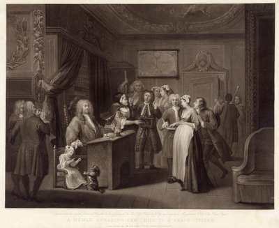 Kobieta przysięgająca swoje dziecko obywatelowi grobu (mezzotinta) autorstwa William (after) Hogarth