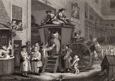 Country Inn Yard, ryty: Timothy Engleheart (1803-79) z „Dzieła Hogartha”, wydane w 1833 r. (lito) autorstwa William (after) Hogarth