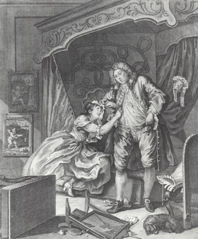 Kobieta zostaje prostytutką w XVIII-wiecznej Anglii (rycina) autorstwa William (after) Hogarth