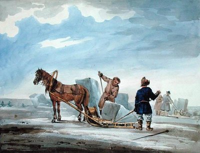 Transport lodu saniami konnymi, z „Podróży z Moskwy do Konstantynopola w latach” autorstwa William (after) MacMichael