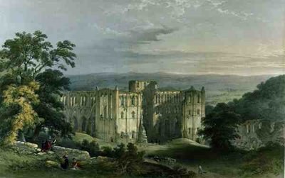Opactwo Rievaulx w dolinie Rye, z „The Monastic Ruins of Yorkshire”, grawerowane przez George