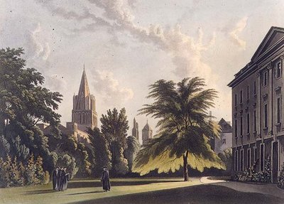 Na zewnątrz Corpus Christi College i Christ Church Cathedral, ilustracja z „Historii Oksfordu”, grawerowana przez Josepha Constantine